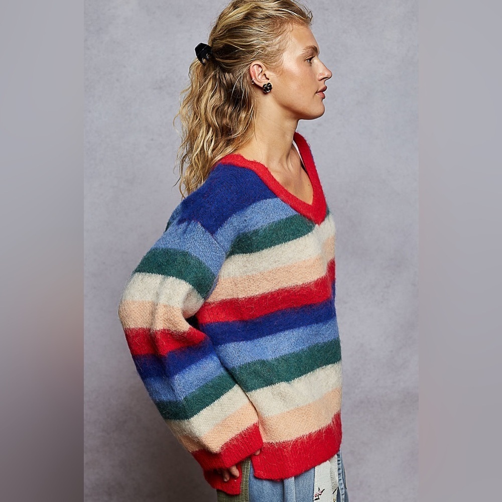POL “ Malibu Stripes “ V Neck Sweater | Festive Stripes - Picture 5 of 6